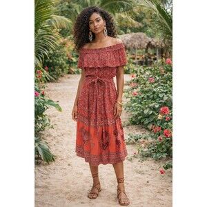 Nostalgia Paisley Off Shoulder Midi Dress Belted Ruffle Red Orange Boho NWT L